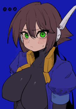 Rule 34 | ..., 1girl, absurdres, aile (mega man zx), black bodysuit, blue jacket, blush, bodysuit, bodysuit under clothes, breasts, brown hair, buzzlyears, commentary, cropped jacket, green eyes, highres, jacket, large breasts, long hair, mega man (series), mega man zx, mega man zx advent, robot ears, simple background, solo, sweatdrop