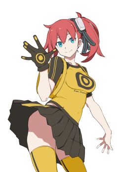1girl \||/ aiba_ami ayu_(ddestiny944) black_gloves black_shirt black_skirt blue_eyes commentary_request digimon digimon_story:_cyber_sleuth gloves highres long_hair miniskirt pleated_skirt print_shirt red_hair shirt side_ponytail simple_background single_glove skirt smile solo thighhighs transparent_background two-tone_shirt yellow_shirt yellow_thighhighs