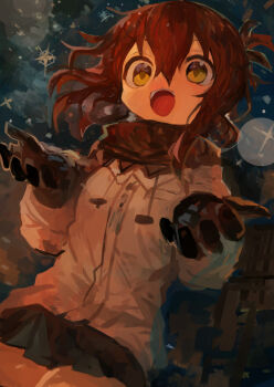 1girl absurdres alternate_costume black_gloves black_scarf black_skirt brown_hair commentary folded_ponytail gloves highres inazuma_(kancolle) jacket kaamin_(mariarose753) kantai_collection long_sleeves miniskirt night open_hands open_mouth outdoors scarf skirt sky snowing solo teeth upper_teeth_only white_jacket yellow_eyes