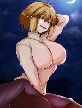 1girl 2323astronomy ahoge alternate_breast_size_(larger) arcueid_brunestud arm_behind_head arm_between_legs black_pantyhose blonde_hair breasts hair_intakes highres jewelry large_breasts looking_at_viewer moon mystic_eyes_of_enchantment necklace night night_sky open_mouth pantyhose purple_skirt red_arcueid short_hair side_slit skirt sky smile sweater thick_thighs thighs tsukihime tsukihime_(remake) turtleneck turtleneck_sweater white_sweater yellow_eyes