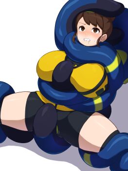 1girl absurdres blush breasts brown_eyes brown_hair choke_hold clenched_teeth commentary_request crotch_rub gen_8_pokemon gloria_(pokemon) grapploct highres huge_breasts kerriaria large_breasts master_dojo_uniform matching_hair/eyes molestation nintendo octopus official_alternate_costume pokemon pokemon_(creature) pokemon_swsh restrained ryona short_hair shorts simple_background sportswear spread_legs strangling submission sweat teeth tentacles