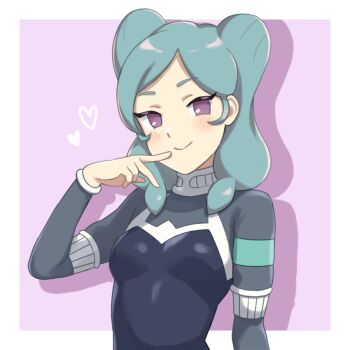 1girl aqua_hair beta_(inazuma_eleven) black_vest blush bodysuit border breasts closed_mouth commentary finger_to_cheek grey_bodysuit heart inazuma_eleven_(series) inazuma_eleven_go inazuma_eleven_go_chrono_stone index_finger_raised long_sleeves looking_at_viewer medium_breasts mirairin_poke outline purple_eyes smile solo vest white_border white_outline