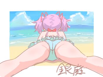1girl ass beach bikini bikini_skirt bow cloud cloudy_sky frilled_skirt frills from_behind hair_ribbon highres kaname_madoka legs loli lying mahou_shoujo_madoka_magica on_stomach outdoors pink_hair red_bow red_ribbon ribbon short_hair silver_garden sketch skirt sky solo spread_legs swimsuit thighs twintails water