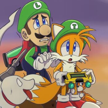2boys animal_ears blonde_hair blue_eyes blue_overalls brown_hair child collar crossover facial_hair fox_boy fox_ears fox_tail furry furry_male ghost ghost_dog gloves gooigi green_hat green_shirt hat luigi luigi&#039;s_mansion luigi&#039;s_mansion_3 male_focus mario_(series) miles_electric multiple_boys mustache nervous nintendo overalls pepamintopatty_(artist) poltergust_g-00 polterpup scared sega shirt shoes socks sonic_(series) sonic_unleashed stuffed_animal stuffed_toy tail tails_(sonic) tails_doll tongue toy yellow_fur