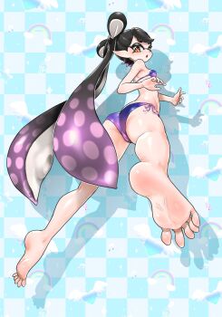 1girl ass barefoot bikini black_hair callie_(splatoon) checkered_background drop_shadow feet from_below highres inkling kneepits koharu2.5 long_hair looking_at_viewer looking_down nintendo open_mouth perspective pointy_ears purple_bikini soles solo splatoon_(series) squid swimsuit tentacle_hair