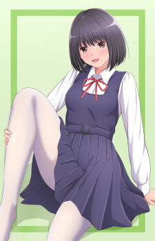 1girl akippoi_0919 black_hair bob_cut brown_eyes dress highres neck_ribbon original pantyhose pinafore_dress ribbon school_uniform skirt sleeveless sleeveless_dress suspender_skirt suspenders white_pantyhose