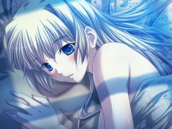 1boy 1girl bare_arms bare_shoulders blonde_hair blue_eyes blush cecilia_wainsearth close-up dungeon_crusaderz game_cg hetero long_hair lying_on_person m&amp;m_(mickey_and_mackey) on_bed smile solo_focus under_covers