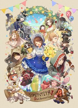 Rule 34 | 6+boys, 6+girls, :3, :d, :q, :t, absolutely everyone, animal ear hairband, animal ears, animal hood, animal print, anniversary, annotation request, arch, bandaged hand, bandages, bird, black bow, black hair, black hood, black jacket, blindfold, blue gemstone, blue gloves, blue jacket, blue sclera, blue shoes, blue skirt, bonbon (identity v), bonnet, bottle, bouquet, bow, box, brown bow, brown gloves, brown hair, cake, candy, cat ear hairband, cat ears, closed eyes, collar, colored eyelashes, colored sclera, copyright name, covering own mouth, cup, demi bourbon, demi bourbon (true proof), dress, earrings, eli clark, eli clark (longing tiger), emma woods, emma woods (boudoir dream), everyone, eyeshadow, fake animal ears, fang, fiona gilman, fiona gilman (samara), flower, food, food on face, freckles, frilled collar, frilled dress, frilled gloves, frilled skirt, frilled sleeves, frills, furrowed brow, gem, gift, gift box, glasses, gloves, goggles, goggles on headwear, gold trim, grey hair, hair bow, hair bun, hair intakes, hairband, hand fan, hand on own chin, hastur (identity v), hat, helena adams, helena adams (pink cake), highres, holding, holding bottle, holding bouquet, holding cake, holding cup, holding fan, holding food, holding plate, holding skewer, hood, identity v, jack (golden tentacle) (identity v), jack (identity v), jacket, jewelry, joker (identity v), joseph desaulniers, joseph desaulniers (moonlight gentleman), kitchen knife, knife, lapels, leo beck, lolita fashion, lollipop, looking at another, luchino (dream walker) (identity v), luchino (identity v), makeup, mary (bloodbath) (identity v), mary (identity v), mary janes, mask, medium hair, michiko (identity v), michiko (lady thirteen) (identity v), mini hastur, mini smiley face, mini violetta, mole, mole on cheek, multiple boys, multiple girls, naib subedar, one eye closed, open mouth, orange dress, owl, own hands together, pantyhose, pink-framed eyewear, pink hat, plate, puffy sleeves, purple gemstone, qi2341, red eyeshadow, robbie (identity v), robbie (wail) (identity v), rocket chair, rose, round eyewear, shirt, shoes, short hair, skewer, skirt, skirt hold, slit pupils, smile, squatting, star (symbol), swirl lollipop, tiger hood, tiger print, tongue, tongue out, top hat, tracy reznik, tracy reznik (candy girl), vera nair, vera nair (tonight or never), violetta (identity v), white flower, white gloves, white pantyhose, white rose, white shirt, wide sleeves, wolf ears, xie bi'an, xie bi'an (broken blossoms), yellow dress, yellow flower, yellow rose, yellow sclera