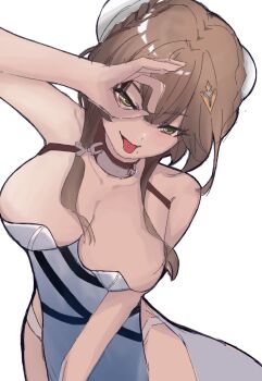 1girl bare_shoulders blue_dress braid braided_bun breasts brown_hair bun_cover chaos_zero_nightmare choker cleavage commentary_request double_bun dress eyeliner gradient_clothes gradient_dress hair_bun hair_ornament highres large_breasts looking_at_viewer makeup mole mole_under_mouth ninie panty_straps pelvic_curtain piercing red_eyeliner short_hair_with_long_locks solo strapless strapless_dress tongue tongue_out tongue_piercing yellow_eyes yuki_(chaos_zero_nightmare)