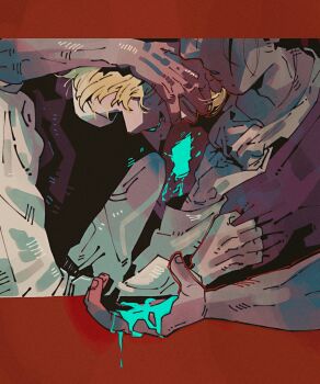 2boys arm_around_neck badeni black_hair black_tunic blonde_hair border brown_vest chi.:_chikyuu_no_undou_ni_tsuite clothes_grab hand_on_another&#039;s_face highres male_focus medium_hair moogyoza multiple_boys oczy open_mouth parted_lips red_border scar scar_on_face scar_on_nose shirt shirt_grab tunic upper_body vest white_shirt yaoi