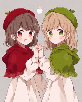 Rule 34 | 2girls, absurdres, apple print, beret, blonde hair, blush stickers, bright pupils, brown hair, capelet, color coordination, cowboy shot, dress, earrings, flower earrings, food print, fruit print, green capelet, green eyes, green hat, grey background, grin, hat, highres, holding hands, hood, hooded capelet, ibispaint (medium), interlocked fingers, jewelry, long sleeves, looking at viewer, medium hair, multiple girls, napo (napo illust), original, parted lips, red capelet, red eyes, red hat, simple background, smile, standing, swept bangs, symmetry, white dress, white pupils