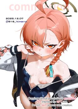 1girl ahoge artist_name asymmetrical_bangs black_halo blue_archive blue_one-piece_swimsuit blush braid breasts closed_mouth collarbone commentary_request commission covered_navel dated floral_print halo highleg highleg_one-piece_swimsuit highres huge_ahoge itinana jacket large_areolae long_sleeves looking_at_viewer mole mole_under_eye neru_(blue_archive) nipples one-piece_swimsuit one_breast_out open_clothes open_jacket orange_hair partially_unzipped print_jacket puffy_nipples red_eyes short_hair single_braid skeb_commission small_breasts solo swimsuit watermark wet white_background white_jacket zipper_pull_tab