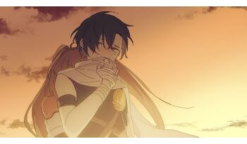 Rule 34 | 1boy, 1girl, ahoge, antenna hair, bandaged arm, bandages, black hair, border, brown hair, cloud, commentary request, covered mouth, crying, crying with eyes open, eiyuu densetsu, estelle bright, floating hair, floating scarf, gradient sky, hair between eyes, hair intakes, highres, hug, hug from behind, joshua bright, long hair, macha (macha3635toa), outdoors, parted bangs, scarf, short hair, sky, sora no kiseki, sunset, tears, twintails, white border, white scarf, yellow eyes, yellow sky