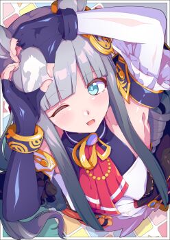 1girl animal_ears armpits ascot bare_shoulders blue_eyes blunt_bangs blush bracelet breasts chrono_genesis_(prismatic_curator)_(umamusume) chrono_genesis_(umamusume) commentary_request detached_sleeves dress fingerless_gloves gloves grey_hair hair_between_eyes hair_ornament heart heart_hands highres horse_ears horse_girl jewelry kan_lee long_hair looking_at_viewer looking_up one_eye_closed open_mouth red_ascot small_breasts smile solo tile_floor tiles umamusume white_dress