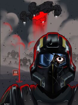 6+others automaton_(helldivers) barbed_wire blood blood_on_face broken_helmet bullet_hole cape commentary dropship empty_eyes english_commentary gameplay_mechanics glowing glowing_eyes helldiver_(helldivers) helldivers_(series) helmet highres injury koko_(oldmajik) multiple_others one_eye_covered robot science_fiction smoke solo_focus surrounded the_two-thousand_yard_stare thousand_yard_stare war you_gonna_get_raped