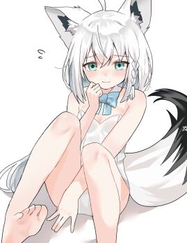 1girl ahoge animal_ear_fluff animal_ears arm_between_legs bare_arms bare_legs blue_bow blue_bowtie blush bow bowtie braid breasts commentary_request detached_collar flying_sweatdrops fox_ears fox_girl fox_tail green_eyes hair_between_eyes highres hololive leotard long_hair looking_at_viewer pentagram playboy_bunny ramune_kuma shirakami_fubuki sidelocks simple_background single_braid sitting small_breasts smile solo tail virtual_youtuber white_background white_hair white_leotard