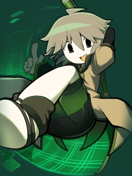 Rule 34 | 1other, ahoge, androgynous, ascot, bare legs, barefoot sandals (jewelry), black kimono, black shorts, brown ascot, brown coat, butterfly net, carrying over shoulder, coat, coattails, commentary, floating hair, foot out of frame, green background, grey eyes, grey hair, hair between eyes, halftone, hand net, happy, holding, holding butterfly net, houlen yabusame, japanese clothes, kimono, kokum0tsu, layered sleeves, len'en, long sleeves, looking at viewer, other focus, pointing, pointing up, portal (object), puffy short sleeves, puffy sleeves, short hair, short over long sleeves, short sleeves, shorts, solo, symbol-only commentary, wide sleeves