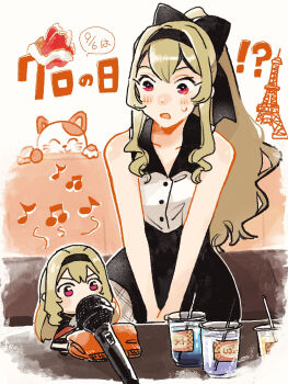 !? 1girl alternate_costume alternate_hairstyle beamed_eighth_notes black_bow blush blush_stickers border bow brown_hair cat character_doll chibigurumi collarbone collared_jacket commentary_request cowboy_shot cup disposable_cup doll doodle_inset double-parted_bangs drinking_straw eiffel_tower eighth_note fading_border hair_bow hairband high_ponytail highres jacket karaoke looking_at_object looking_down maruhi31 musical_note nose_blush outline ponytail red_eyes red_jacket saijou_claudine shoujo_kageki_revue_starlight sleeveless sleeveless_jacket surprised table translation_request unworn_jacket v_arms wavy_hair white_background white_border white_jacket white_outline