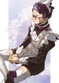 1boy alternate_costume anger_vein apron black-framed_eyewear bow closed_mouth commentary_request corbeau_(pokemon) crossdressing crossdressing_(mtf) enmaided figure_four_sitting glasses highres invisible_chair juliet_sleeves long_sleeves looking_at_viewer looking_to_the_side maid maid_apron maid_headdress male_focus male_maid momomochiwarabi nintendo parted_hair pokemon pokemon_legends:_z-a puffy_sleeves purple_hair round_eyewear short_hair short_sideburns sitting sleeve_cuffs solo tassel thighhighs twitter_username white_apron white_thighhighs