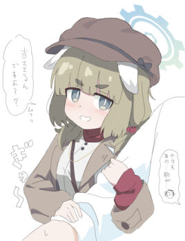 1boy 1girl animal_ears arm_hug blue_archive blue_halo blush brown_coat brown_hair brown_hat brown_jacket coat commentary_request doodle_sensei_(blue_archive) gear_halo green_eyes green_hair hair_bobbles hair_ornament hair_over_shoulder halo hat holding_another's_arm jacket long_hair long_sleeves looking_at_viewer low_twintails newsboy_cap nyaru_(nyaru_4126) open_clothes open_jacket puffy_long_sleeves puffy_sleeves sensei_(blue_archive) shirt short_eyebrows simple_background sleeves_past_wrists smile speech_bubble thick_eyebrows translation_request twintails white_background white_shirt yakumo_(blue_archive)