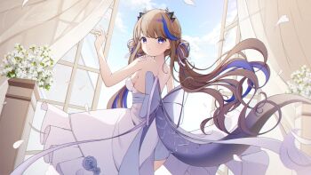 Rule 34 | 1girl, airi kanna, antlers, blue eyes, blue sky, bow, breasts, brown hair, commentary request, cowboy shot, curtains, day, dress, dress bow, dress flower, falling petals, floating curtains, floating hair, flower, from behind, grey bow, grey flower, gyeou lee, horns, indoors, korean commentary, long hair, looking at viewer, looking back, multicolored hair, open window, petals, rose, sideboob, sky, solo, standing, stellive, strapless, strapless dress, streaked hair, tail, turning head, very long hair, virtual youtuber, white dress, white flower, window