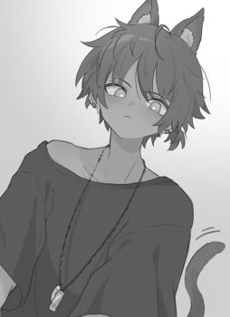 1boy animal_ear_fluff animal_ears arknights arouni22 cat_boy cat_ears cat_tail closed_mouth ear_piercing greyscale hair_between_eyes jewelry kemonomimi_mode looking_at_viewer male_focus monochrome off_shoulder piercing ponytail shirt short_ponytail simple_background solo tail thorns_(arknights) upper_body