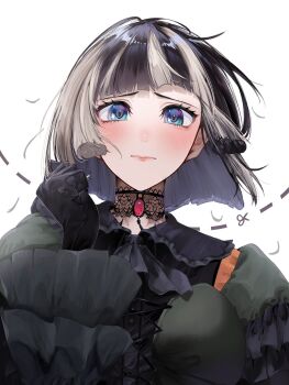 Rule 34 | 1girl, alternate hair length, alternate hairstyle, ascot, black ascot, black choker, black gloves, black hair, blue eyes, blunt bangs, blunt tresses, blush, choker, closed mouth, commentary, cross-laced clothes, cross-laced dress, dotted line, dress, embarrassed, eyelashes, frilled sleeves, frills, furrowed brow, gem, gloves, gothic lolita, green dress, grey hair, highres, hololive, hololive dev is, juufuutei raden, juufuutei raden (1st costume), lace, lace choker, lolita fashion, looking at viewer, multicolored hair, red gem, short hair, simple background, solo, streaked hair, tashime, two-tone hair, upper body, virtual youtuber, white background, wide sleeves