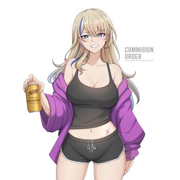1girl absurdres alcohol alternate_costume beer beer_can black_shorts black_tank_top blonde_hair blue_eyes blue_hair breasts can casual centauri-d cleavage commentary commission cowboy_shot dolphin_shorts drink_can earrings english_commentary grin highres holding holding_can honkai:_star_rail honkai_(series) jacket jacket_partially_removed jewelry large_breasts lightning_bolt_tattoo long_hair looking_at_viewer multicolored_hair navel off_shoulder purple_jacket second-party_source serval_landau shorts simple_background single_earring smile solo streaked_hair tank_top tattoo two-tone_hair variant_set white_background