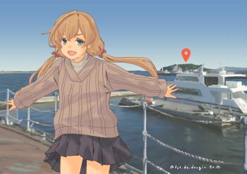 1girl abukuma_(kancolle) abukuma_(round1)_(kancolle) black_skirt blonde_hair blue_eyes blue_sky boat brown_sweater cowboy_shot day highres kantai_collection long_hair low_twintails official_alternate_costume official_alternate_hairstyle outdoors outstretched_arms pot-de round1 skirt sky smile solo sweater twintails twitter_username watercraft