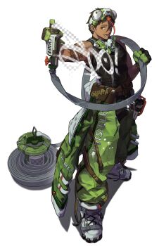 1boy black_hair black_shirt clothes_around_waist dark-skinned_male dark_skin ear_piercing esnowg eyebrow_piercing face_piercing full_body gloves green_gloves green_jacket green_pants grey_shoes hashtag-only_commentary headgear highres jacket jacket_around_waist lip_piercing mask mask_around_neck multicolored_hair orange_hair original pants piercing shirt shoes short_hair simple_background sleeveless sleeveless_shirt solo spray_can standing streaked_hair two-tone_hair white_background