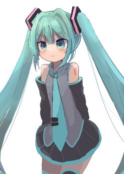 Rule 34 | >:(, ameshi (rzuw4482), aqua eyes, aqua hair, aqua necktie, arms behind back, bare shoulders, black skirt, black sleeves, black thighhighs, body writing, closed mouth, commentary, cowboy shot, detached sleeves, double-parted bangs, frown, green trim, grey shirt, hair intakes, hatsune miku, highres, long hair, long sidelocks, long sleeves, miniskirt, necktie, pleated skirt, shirt, sidelocks, simple background, skirt, sleeveless, sleeveless shirt, straight hair, thighhighs, tie clip, twintails, v-shaped eyebrows, very long hair, vocaloid, white background, zettai ryouiki