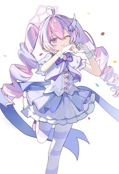 1girl ;3 absurdres ahoge artist_name blue_archive bow bowtie chinese_commentary closed_mouth commentary confetti double-parted_bangs drill_hair foot_out_of_frame gloves hair_between_eyes hair_ornament halo hands_up heart heart_hands highres jacket leg_up light_blush long_hair looking_at_viewer magical_girl making-of_available multicolored_hair multicolored_pantyhose official_alternate_costume official_alternate_hairstyle one_eye_closed otarc pantyhose pink_bow pink_hair pink_halo puffy_short_sleeves puffy_sleeves purple_bow purple_bowtie purple_eyes purple_hair purple_jacket purple_pantyhose purple_shoes reisa_(blue_archive) reisa_(magical)_(blue_archive) shirt shoes short_sleeves simple_background skirt sleeve_bow solo standing standing_on_one_leg star_(symbol) star_hair_ornament star_halo striped_clothes striped_pantyhose twin_drills twintails two-tone_hair two-tone_pantyhose v-shaped_eyebrows white_background white_gloves white_pantyhose white_shirt white_skirt white_wrist_cuffs wing_hair_ornament wrist_cuffs