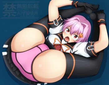 :o ass black_gloves black_skirt black_thighhighs flexible folded gloves highres jougenmushi kantai_collection legs_behind_head open_mouth panties pink_eyes pink_hair pink_panties pleated_skirt pretzel_pose school_uniform serafuku skirt tama_(kancolle) tama_kai_ni_(kancolle) thighhighs thighs underwear watermark