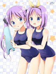 Rule 34 | 2girls, bare shoulders, blue eyes, blue one-piece swimsuit, blush, breasts, collarbone, dot nose, hair ribbon, hiiragi kagami, hiiragi tsukasa, inakami, legs, long hair, looking at another, lucky star, medium breasts, medium hair, multiple girls, one-piece swimsuit, open mouth, purple hair, ribbon, siblings, sisters, standing, star (symbol), swimsuit