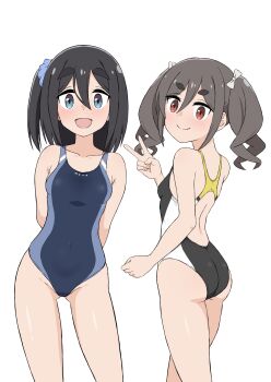 2girls absurdres amamiya_satsuki_(mono) artist_request ass bare_arms bare_legs bare_shoulders black_hair blue_eyes blush breasts brown_eyes bushy_eyebrows closed_mouth collarbone dot_nose feet_out_of_frame female_focus hair_ornament highres kiriyama_an legs looking_at_viewer medium_hair mono_(afro) multiple_girls one-piece_swimsuit open_mouth simple_background small_breasts smile source_request standing swimsuit thick_eyebrows thighs v white_background