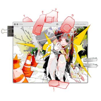 1girl axe binder_clip black_dress black_eyes bracelet caratquex chain commentary diffraction_spikes disembodied_hand dress english_commentary grey_hair heterochromia holding holding_axe jewelry long_hair looking_at_viewer mismatched_pupils multicolored_hair open_mouth original red_eyes red_hair simple_background smile solo spiked_bracelet spikes squatting symbol-shaped_pupils tareme traffic_cone translation_request tree white_background window_(computing) x-shaped_pupils