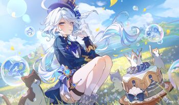 1girl absurdres ahoge ascot asymmetrical_gloves blue_ascot blue_hair blue_hat blue_jacket bubble cake cat commentary_request crown drop-shaped_pupils floating_hair food fork frilled_socks frills furina_(genshin_impact) genshin_impact gentilhomme_usher gloves hat heterochromia highres holding holding_fork jacket kheng_(k_heng1223) long_hair long_sleeves looking_at_viewer mademoiselle_crabaletta mismatched_gloves mismatched_pupils multicolored_hair outdoors shorts socks squatting surintendante_chevalmarin symbol-shaped_pupils thigh_strap top_hat twintails utensil_in_mouth vision_(genshin_impact) white_hair white_shorts