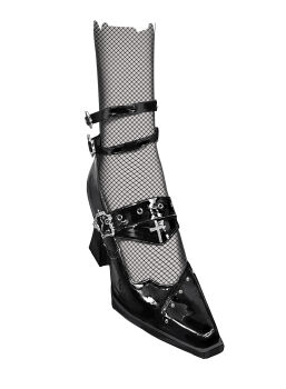 1girl absurdres art_study black_shoes blacksheep block_heels chinese_commentary commentary_request cross cross_print disembodied_foot feet fishnet_pantyhose fishnets foot_focus footwear_focus goth_fashion highres leather material_study original pantyhose pointy_shoes shiny_footwear shoes simple_background solo strappy_heels white_background