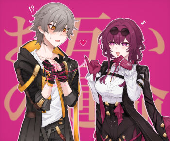 !? 1boy 1girl black_gloves breasts caelus_(honkai:_star_rail) chihaze_mizu59 commentary_request eyewear_on_head fingerless_gloves gloves grey_hair hair_between_eyes heart highres honkai:_star_rail honkai_(series) kafka_(honkai:_star_rail) long_sleeves musical_note open_mouth orange_eyes pink_gloves purple_eyes purple_hair restrained shirt smile spider_web_print sweatdrop trailblazer_(honkai:_star_rail) white_shirt