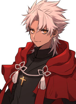 1boy amakusa_shirou_(fate) brown_eyes cape capelet commentary_request cross cross_necklace dark-skinned_male dark_skin earrings fate/apocrypha fate_(series) highres hood hooded_cape jewelry male_focus necklace red_capelet smile solo tassel tofu_(bean359) upper_body white_hair