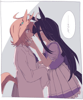 2girls absurdres agnes_tachyon_(umamusume) ahoge animal_ears blonde_hair blush bow bowtie brown_hair chemical_structure coat colored_skin commentary_request ear_blush ear_ornament earrings flustered frilled_shirt frills full-face_blush gachitamago grey_hair hair_between_eyes hand_on_another's_face hand_up highres horse_ears horse_girl horse_tail imminent_kiss jewelry lab_coat long_hair long_hair_between_eyes long_sleeves manhattan_cafe_(umamusume) multicolored_hair multicolored_skin multiple_girls open_mouth puffy_short_sleeves puffy_sleeves purple_bow purple_bowtie purple_shirt sailor_collar shirt shirt_tucked_in short_hair short_sleeves single_earring sleeves_past_fingers sleeves_past_wrists speech_bubble sweatdrop tail translation_request two-tone_skin umamusume very_long_hair waist_bow white_coat white_hair white_sailor_collar white_shirt yuri