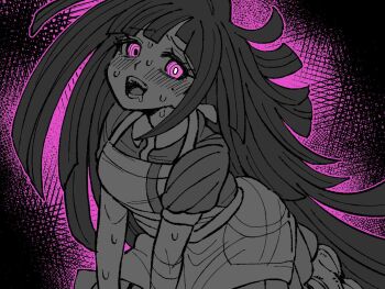 1girl 30en_(esx5g) apron bandages blush breasts collared_shirt danganronpa_(series) danganronpa_2:_goodbye_despair large_breasts long_hair mole mole_under_eye pink_background pink_eyes pink_theme pleated_skirt puffy_short_sleeves puffy_sleeves saliva shirt short_sleeves skirt sweat teeth tsumiki_mikan two-tone_shirt