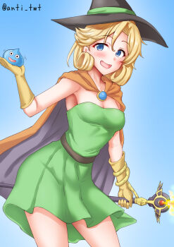 Rule 34 | anti (untea9), black hat, blonde hair, blue background, blue eyes, breasts, cape, cleavage, cosplay, cowboy shot, creature, dragon quest, dragon quest iii, dress, gloves, gradient background, green dress, hat, highres, holding, holding creature, janus (kancolle), kantai collection, mage (dq3), mage (dq3) (cosplay), medium breasts, one-hour drawing challenge, orange cape, orange gloves, short hair, slime (creature), slime (dragon quest), slime (substance), staff, strapless, strapless dress, twitter username, witch hat