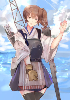 Rule 34 | 1girl, apron, blue hakama, bow (weapon), brown eyes, brown gloves, brown hair, cowboy shot, flight deck, gloves, hakama, hakama short skirt, hakama skirt, imaiko, japanese clothes, kaga (kancolle), kantai collection, looking at viewer, muneate, partially fingerless gloves, partly fingerless gloves, quiver, short hair, short side ponytail, side ponytail, single glove, skirt, solo, tasuki, weapon, yugake
