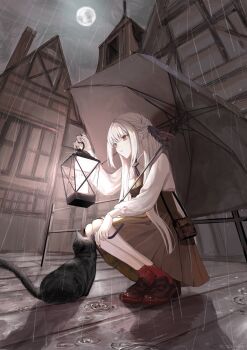 1girl amazu_(uzu_amazu) bag black_bow black_cat black_shoes bow brown_skirt cat full_moon highres house lamp long_hair moon nail_polish original outdoors rain red_eyes shirt shoes skirt solo squatting umbrella white_hair white_shirt