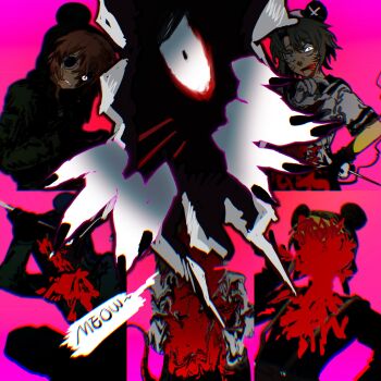 5boys animal_hat black_eyes blonde_hair blood brown_hair commentary_request english_text fingernails glowing glowing_eyes hat highres holding holding_needle kinder_surprised_michael_jr. looking_at_viewer male_focus meowing mouse_boy mouse_hat mouse_tail multiple_boys needle nyen_(randal&#039;s_friends) present_day_problem_takeuchi_robert randal&#039;s_friends ratman_3_(randal&#039;s_friends) ratman_4_(randal&#039;s_friends) ratman_5_(randal&#039;s_friends) sailor sailor_hat sewing_needle sharp_fingernails short_hair soulsk suspenders tail