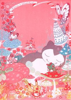 :3 alice_(alice_in_wonderland) alice_(alice_in_wonderland)_(cosplay) alice&#039;s_adventures_in_wonderland antennae apron artist_name border butterfree caterpie caterpillar_(alice_in_wonderland) caterpillar_(alice_in_wonderland)_(cosplay) closed_mouth cosplay dress eevee english_text fangs flower gen_1_pokemon gloom_(pokemon) highres holding holding_pocket_watch hookah legendary_pokemon metapod mew_(pokemon) mushroom mythical_pokemon neji-orange nintendo no_humans oddish one_eye_closed paras pikachu pink_background pink_theme pocket_watch pokemon pokemon_(creature) red_flower red_rose ribbon rose saliva snorlax vileplume watch whiskers white_apron white_rabbit_(alice_in_wonderland) white_rabbit_(alice_in_wonderland)_(cosplay)