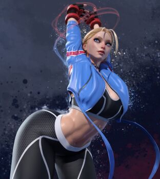 1girl 3d abs absurdres antenna_hair blonde_hair blue_eyes blue_jacket breasts cammy_stretch_(meme) cammy_white cleavage highres jacket large_breasts lips long_sleeves meme midriff navel pants popogori solo sports_bra stomach street_fighter street_fighter_6 stretching thick_thighs thighs tight_clothes tight_pants toned yoga_pants