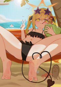 1boy 2girls absurdres barefoot beach bikini black_bikini black_tail blonde_hair blue_archive coconut_cup coconut_tree demon_tail doodle_sensei_(blue_archive) drinking eyewear_on_head feet frilled_bikini frills halo heart heart_tail highres huge_filesize ibuki_(blue_archive) loli looking_at_viewer m_legs marshal_(artist) medium_hair multiple_girls navel outdoors palm_tree pointy_ears sensei_(blue_archive) solo_focus spread_legs star-shaped_eyewear star_(symbol) sunglasses swimsuit tail toes tree two_side_up v yellow_eyes yellow_halo