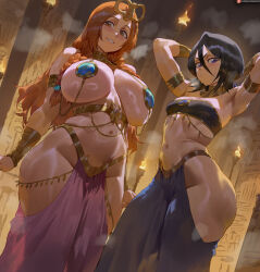 2girls ai-assisted ancient_egyptian ancient_egyptian_clothes armlet armpits arms_behind_head ass black_hair bleach blue_eyes braid breasts brown_eyes curvy dancer hair_between_eyes harem_outfit hieroglyphics highres huge_ass inoue_orihime jewelry kuchiki_rukia large_breasts looking_at_viewer multiple_girls navel orange_hair pasties patreon_logo patreon_username pelvic_curtain shexyo short_hair small_breasts smile steaming_body sweat thick_thighs thighs twin_braids